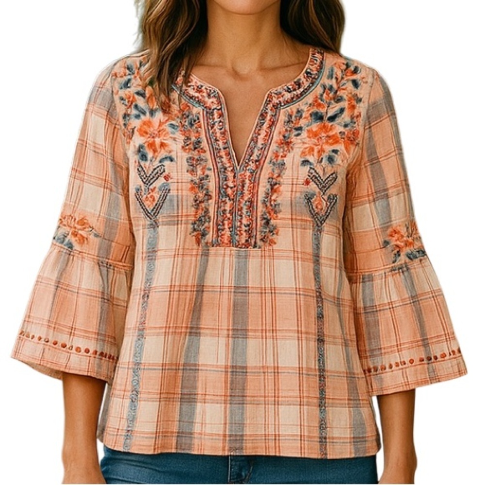 Johnny Was Peach Plaid Embroidered Peasant Blouse